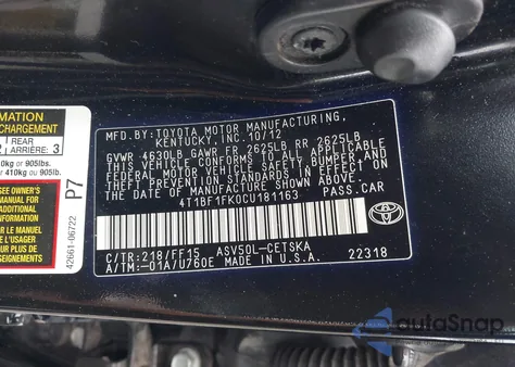 2012 Toyota Camry Se from USA, damaged, VIN 4T1BF1FK0CU181163